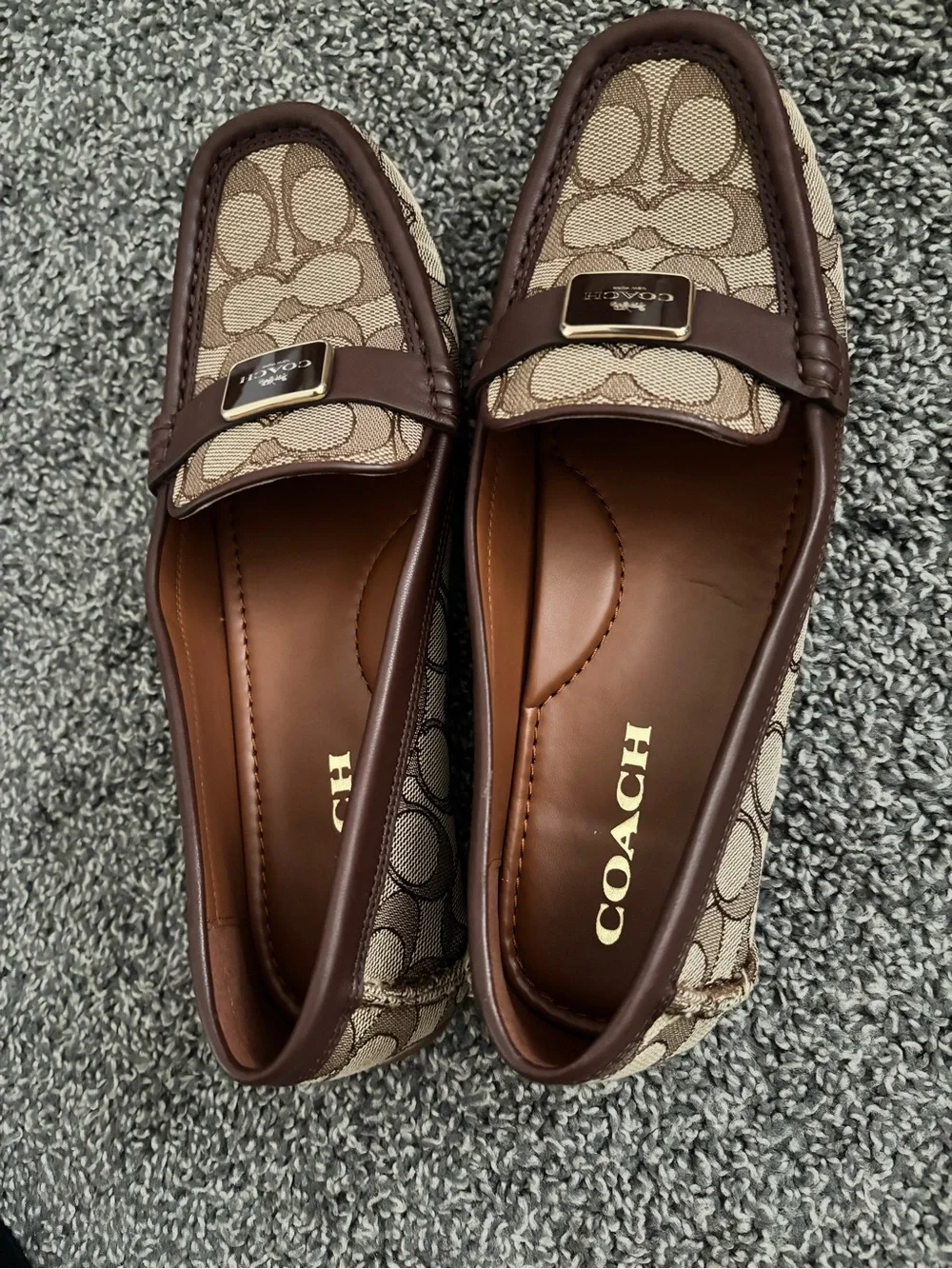 COACH Brown and Tan Signature Canvas Loafers with Leather Trim